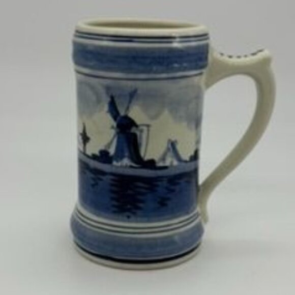 Vintage Delft Blauw Hand Decorated Blue Small Windmill Mug, Holland, Signed 5 in - Picture 1 of 11